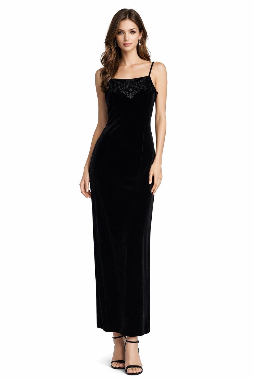 Dressbarn Collection 1990s Black Velvet Embroidered Gown formal sexy 6